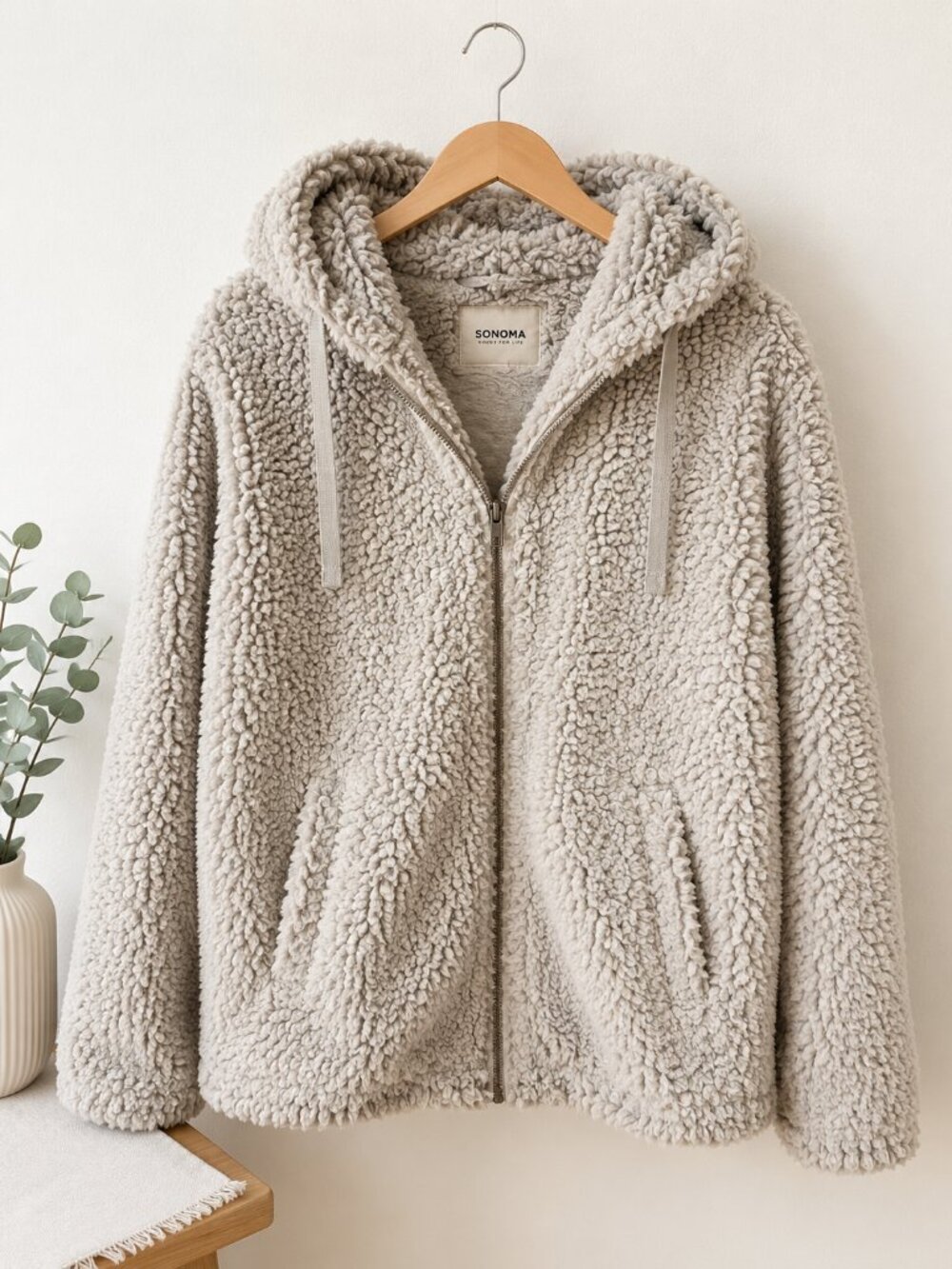Thread + Supply Light Grey Sherpa Fleece Zip Up Hooded Jacket M